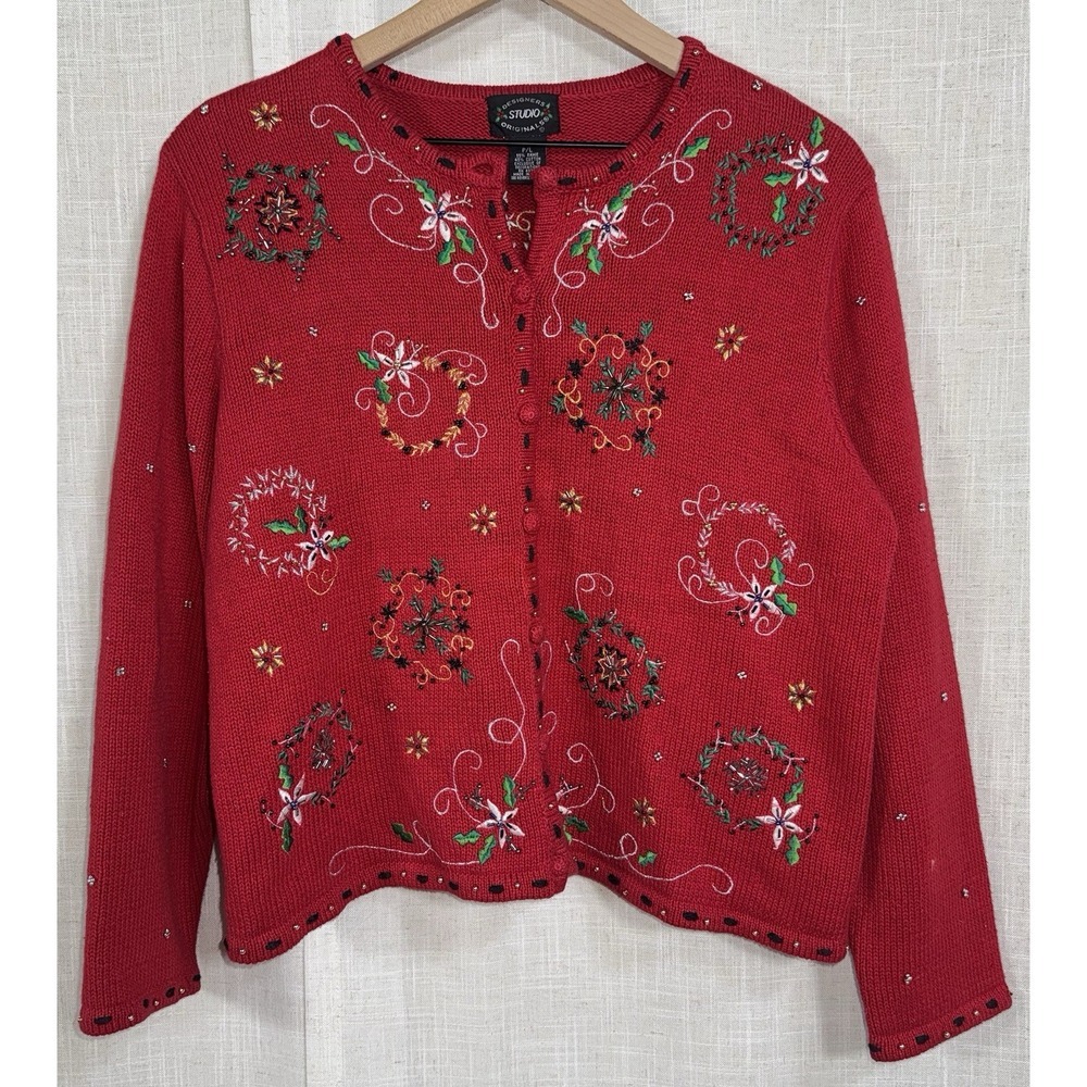 Designers Studio Originals Women's PL L Red‎ Cardigan Christmas Sweater Wreaths